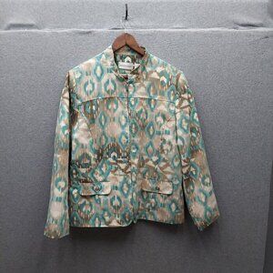 Alfred Dunner Womens Ikat Print Jacket Size 14 Beige & Teal 100% Polyester Light